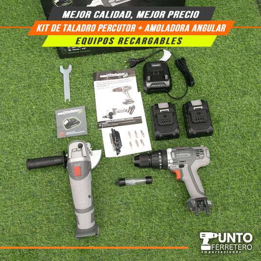 COMBO TALADRO PERCUTOR 60NM + AMOLADORA ANGULAR + 2 BATERIAS 3A MALETIN ALTO RELIEVE  TECNOLOGIA AMARICANA GLADIATOR