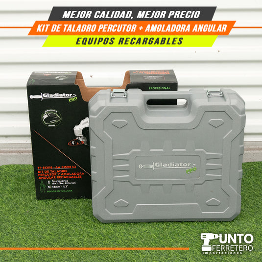 COMBO TALADRO PERCUTOR 60NM + AMOLADORA ANGULAR + 2 BATERIAS 3A MALETIN ALTO RELIEVE  TECNOLOGIA AMARICANA GLADIATOR