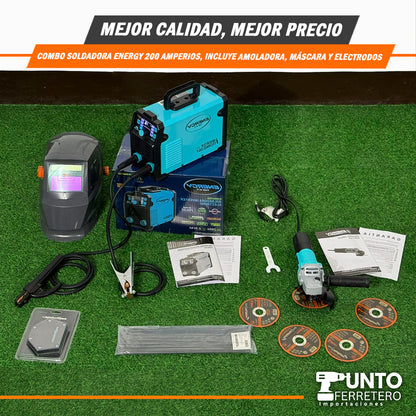 Combo Energy Soldadora 200a + Amoladora+ Escuadra+ Mascara , Tecnología Americana