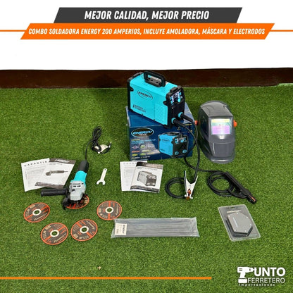 Combo Energy Soldadora 200a + Amoladora+ Escuadra+ Mascara , Tecnología Americana