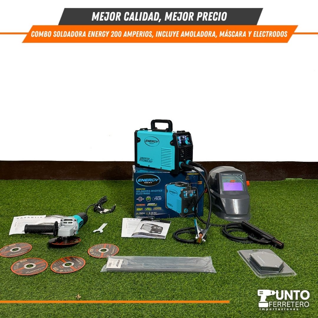 Combo Energy Soldadora 200a + Amoladora+ Escuadra+ Mascara , Tecnología Americana