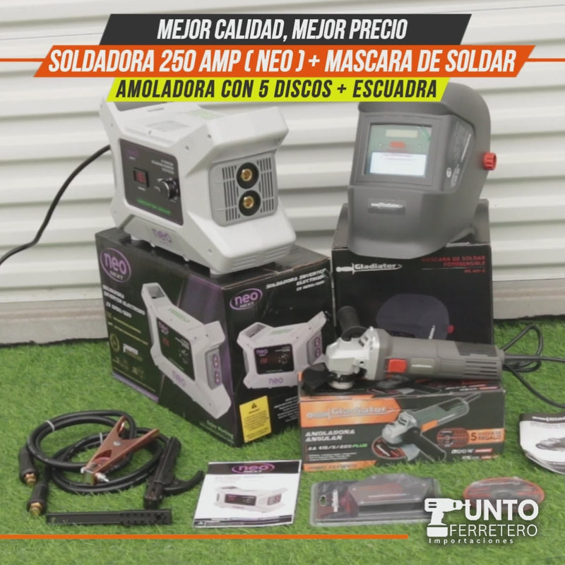 Cargar y reproducir video en Gallery Viewer, Combo neo INDUSTRIAL , soldadora 250 amperios industrial + mascara 2 sensores + escuadra + amoladora oferta
